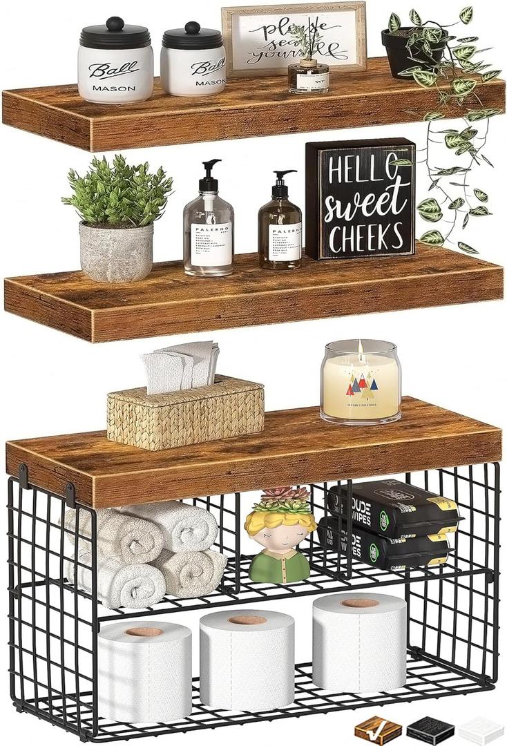 Bathroom Floating Shelves for Wall - Shelf Over Toilet Storage Small Farmhouse Decor Shelves (15.7 inch, Set of 3, Rustic Brown)