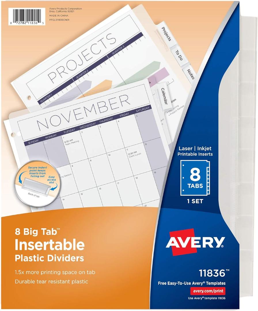 3 x Avery Durable Plastic 8-Tab Insertable Big Tab Dividers for 3 Ring Binders, Clear, 1 Set (11836)