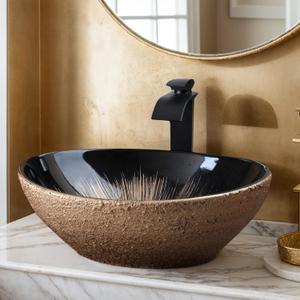Ceramic Bathroom Vessel Sink Oval Bathroom Sink Above Counter Vessel Sinks for Bathrooms Vintage Gold Bowl Small Vessel Sink with Faucet and Drain Combo, 13.2x16x5.5 inches