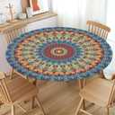 KSLIDS Round Fitted Tablecloth with Elastic Edge Mandala Blue Boho Picnic Table Cover Colorful Bohemian 70S Rustic Waterproof Wipeable Table Cloth Fit 40"-44" Tables for Outdoor,Patio,Camping,Dinner