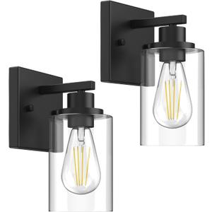 Wall Sconces Set of 2 Matte Black Vanity Lights for Bathroom, Modern Wall Light Fixtures Sconce Lights Indoor with Clear Glass Farmhouse Wall Mount Lamp for Bedroom Mirror Living Room Hallway E26 Base