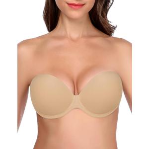 JOATEAY Strapless Backless Bra for Big Busted Women Sticky Invisible Underwire Bra Push Up Padded (Beige, M) C