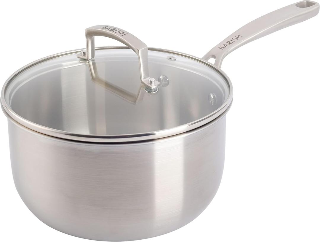 Babish Stainless Steel Saucepan 3.5 Quart Triply Professional Grade Cookware Durable Even Heat Distribution Sauce Pan with Handle for Cooking Boiling Sauces Soups and Everyday Kitchen Use
