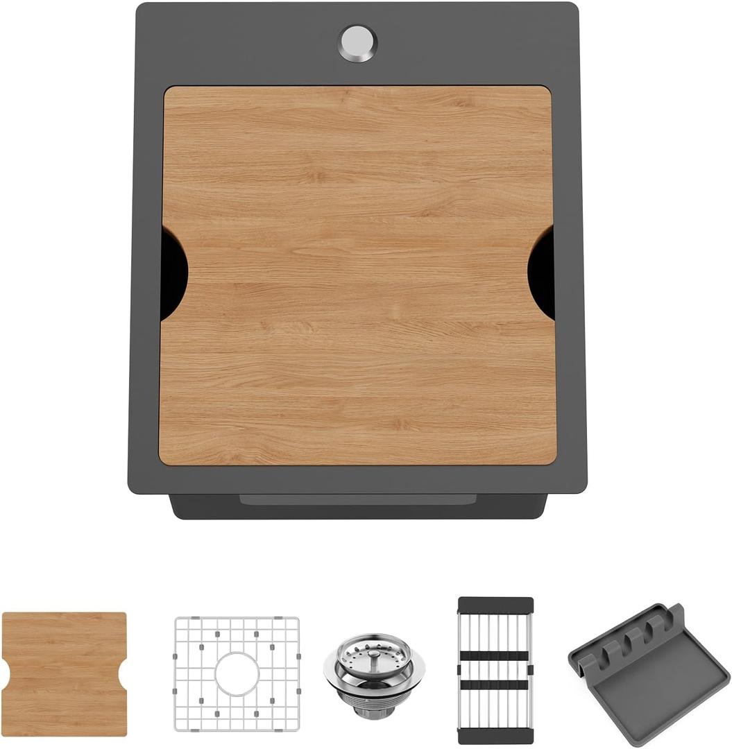 Black Kitchen Sink Workstation, 15x17 In Stainless Steel Drop In Bar Sink Modern Small Single Bowl Kitchen Sink Gift Combo-SS Grid,Colander,Cutting Board,Drain Assembly For Various Kitchen And Bar