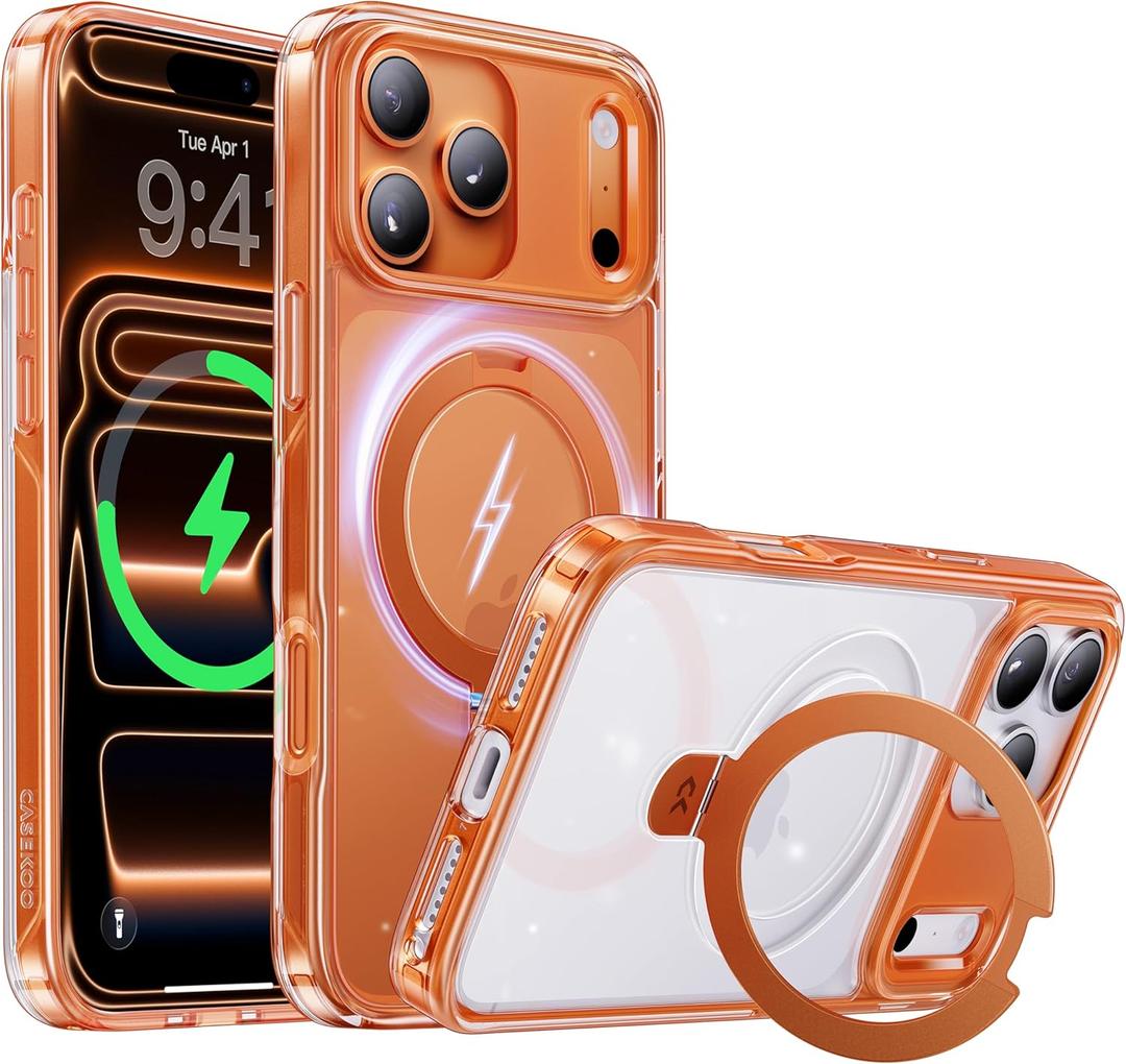 CASEKOO Official Cosmic Orange for iPhone 17 Pro Max Case with Ultra Magnetic Stand, Fit for MagSafe, 16FT Military Grade Protection, Transparent Slim Cover for iPhone 17 Pro Max 6.9'', Orange