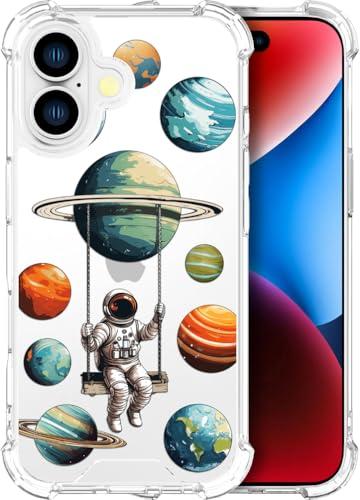 ENDIY Cases Compatible with iPhone 16 Plus Case for Women Cute Phone Case Clear Design, 16 Plus Case Transparent Cool Kawaii, Astronaut Swinging Solar System Space Planets