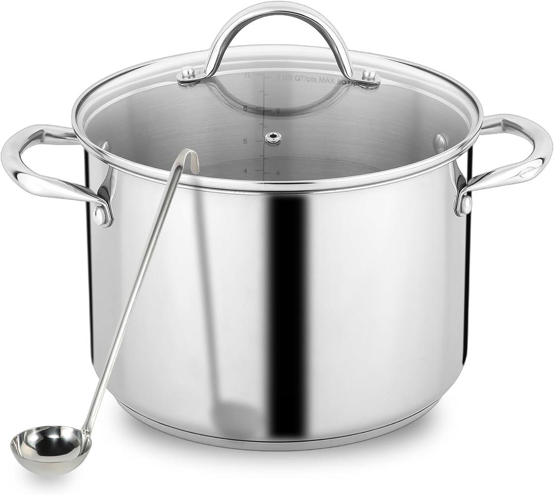 GreatChef Stock Pot Stainless Steel for Cooking Riveted Handle, Heavy Duty Vessel,Induction Compatible All Cooktops in Use, Dishwasher & Oven Safe (8 Quart + Laddle))