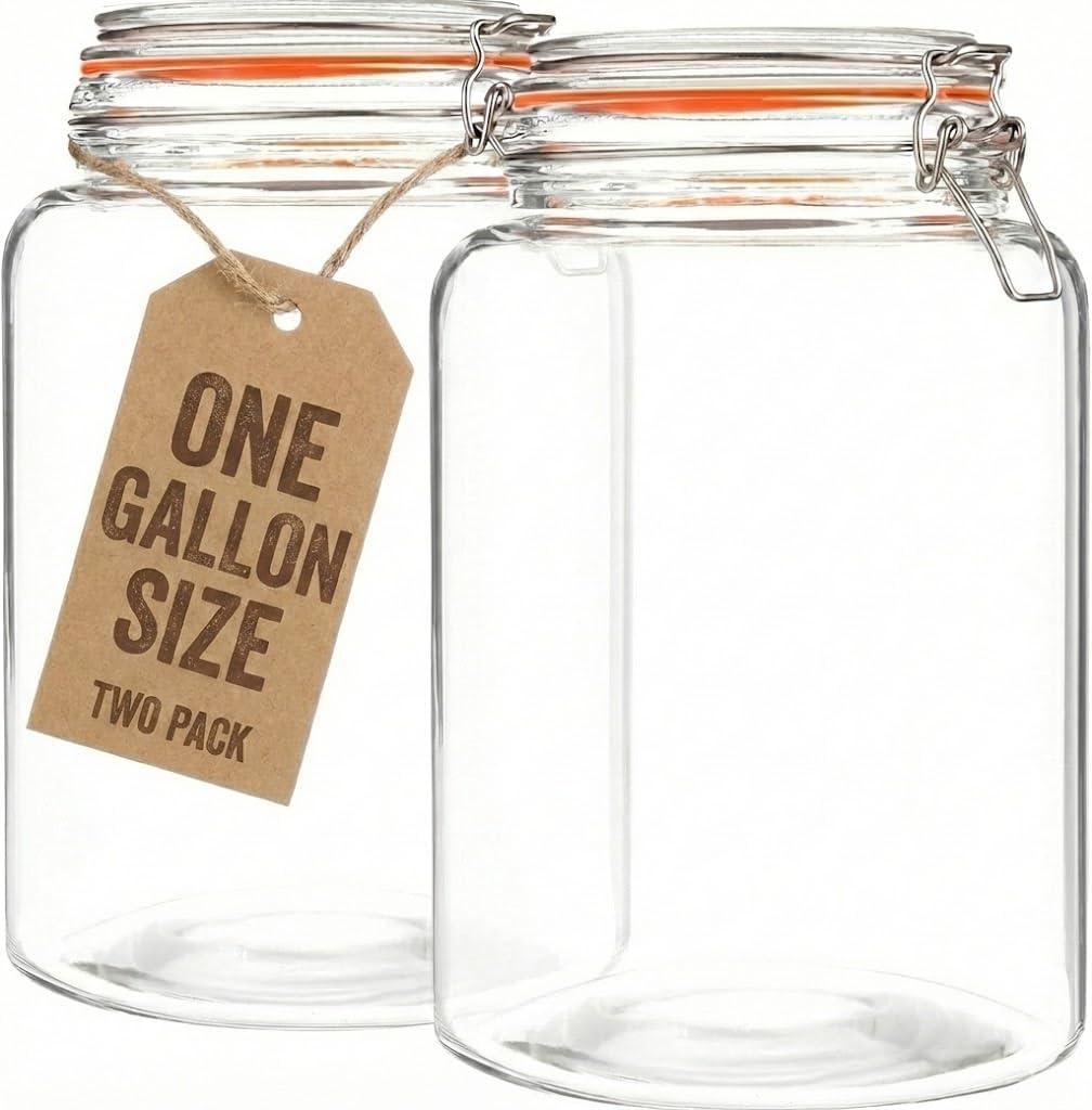 kitchentoolz Large 1 Gallon Glass Mason Jar with Hinged Lids, Extra Wide-Mouth Airtight Leakproof Sealed Canning Jars, Pickling Container, Preserving & Flour Storage - Pack of 2