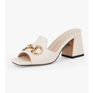 gihubafuil Women's Sandals Peep Toe Slides Chunky Heel Mules Single Band Comfort Slip-on Shoes with Metal Chain for Spring Summer 6