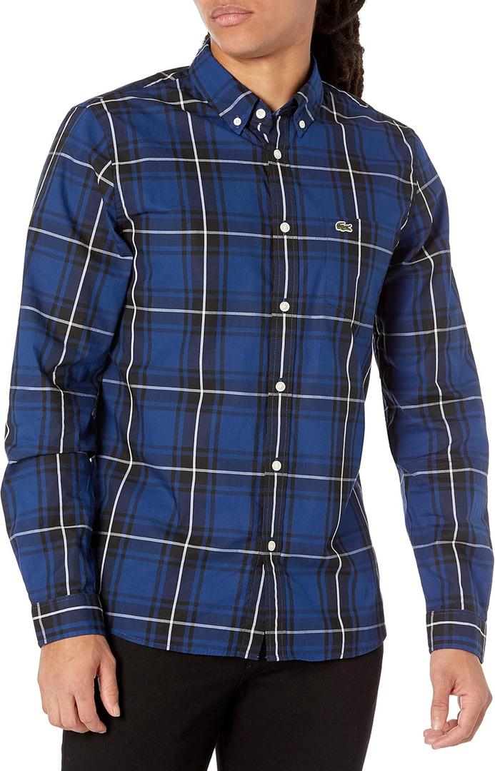 Lacoste Men's Long Sleeve Plaid Slim Fit Poplin Shirt, Globe/Blackwhite, X-Large/ Slim Fit