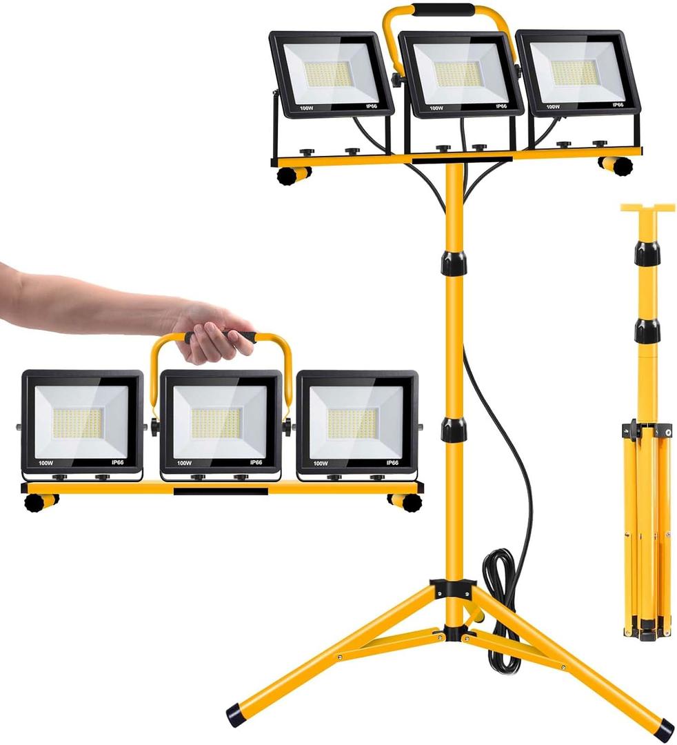 21000 Lumen Work Lights with Stand, 3 Adjustable Head LED Work Light, with Adjustable and Foldable Tripod Stand, Waterproof Lamp with Individual Switch with 6500 Kelvin Color (3-Head-Yellow)