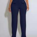 GOKATOSAU Women's Hight Waist Decorative Front Pocket Trousers Straight Wide Leg Long Flared Pants Navy (M)