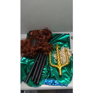 Jiuguva 4 Pcs Halloween Salty Merman Costume for Men, Include Full Brown Wig and Bread Wreath Plus Size Merman Costume Fishnet Top Golden Trident Spear for Adults Party Accessories