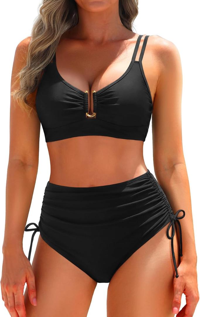 Yonique Women's Two Piece High Waisted Bikini Set Tummy Control Swimsuit Full Coverage Bathing Suit, Large, U Wire - Black