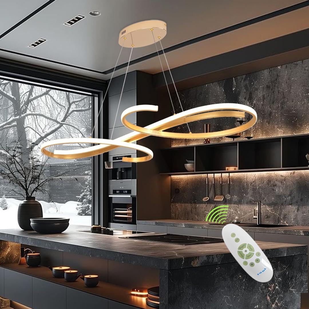 Gold Led Chandelier Dimmable Modern Chandelier for Dining Room Light Fixture Contemporary Led Pendant Light for Kitchen Island Lighting with Remote, 39.37in