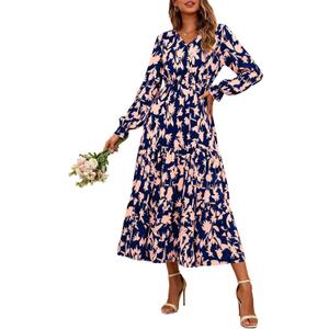 BTFBM Women Fall Dresses 2025 Casual Long Sleeve V Neck Maxi Dresses Floral Boho Long Dress Wedding Guest Dress (S)