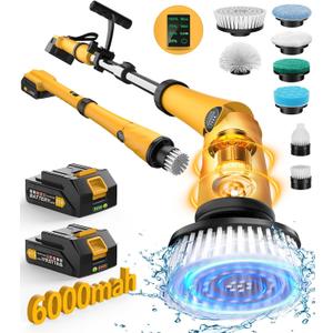 Qimedo Electric Spin Scrubber Extra Large Brush Q3,6000 mAh Best Battery Power Scrubber for Cleaning,1200RPM Shower Cordless Cleaning Brush with 8 Brushes for Bath/Tub/Tile/Floor (Smart Display) (Scrubber with 50-inch Handle, Yellow)