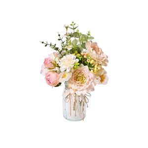 LUEUR Artificial Hydrangea in Vase for Home Decor, Fake Silk Pink Flower Bouquet Artificial Flowers with Pot, Faux Dahlia Arrangement for Fall Spring Living Room, Centerpiece Table Decorations