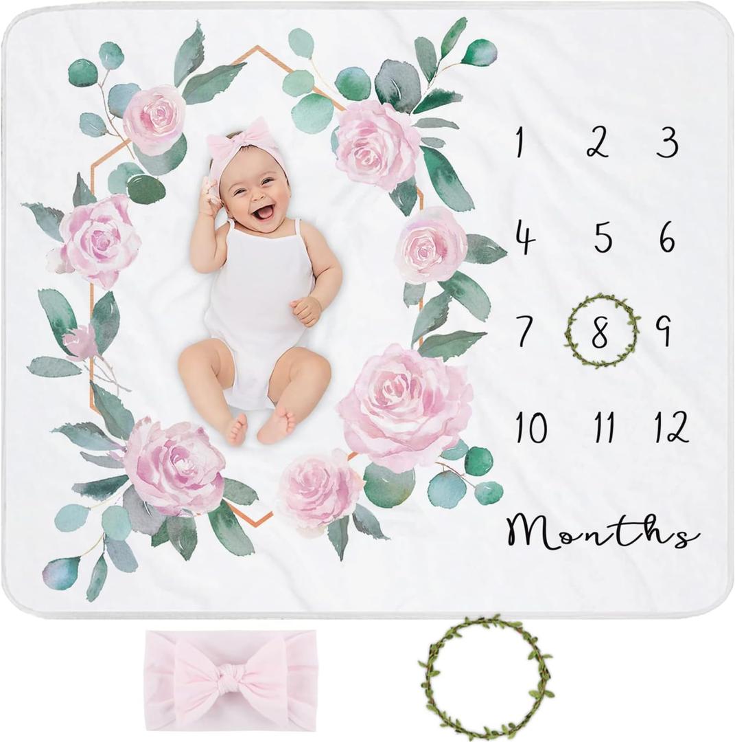 Baby Monthly Milestone Blanket for Baby Girl, Newborn Age Months Blanket Photo Prop with Growth Chart, Floral Wreath & Headband