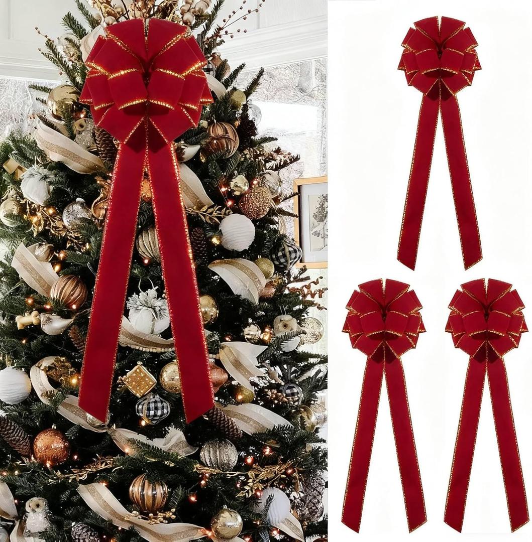 Red Velvet Christmas Tree Bows - Set of 3 Large 12x33 Inch Vintage Holiday Bows for Xmas Tree Decorations, Gift Wrapping, Garland, Party Decor for Indoor Outdoor Dilicoming