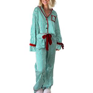 Argeousgor Women Christmas Satin Pajamas Striped 2 Piece Pjs Set Long Sleeve Button Down Shirt Bow Tie Shorts Sleepwear (S)