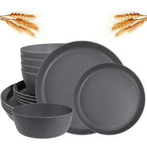 EI 12pcs Wheat Straw Dinnerware Set of 4,Kitchen Plates and Bowls,Reuasble Plates,Unbreakable Dinner Plate,Hard Premium Plastic Plate for Camping,Picninc,Halloween (Dark Grey Wheat Straw Plates and Bowls)