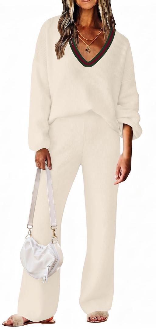 Womens 2 Piece Outfit Sweater Lounge Sets V Neck Knit Pajama Set Loungewear (White, S)