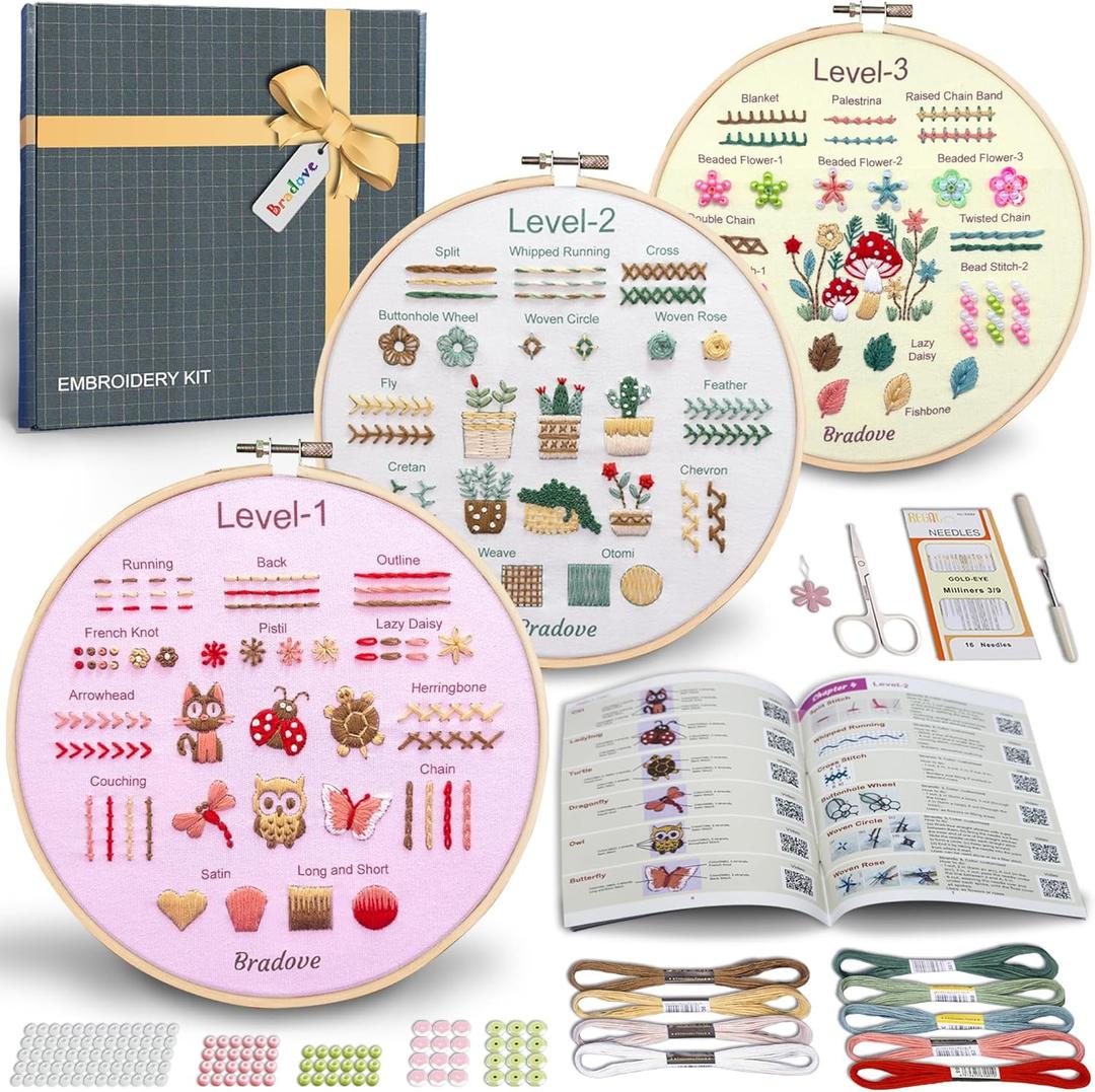 Bradove Beginner Embroidery Kit for Adults Kids, Learn to Embroider 37 Stitches and 13 Cute Patterns, Stitches Kit, Bead Embroidery Kit, Beginner Embroidery Practice