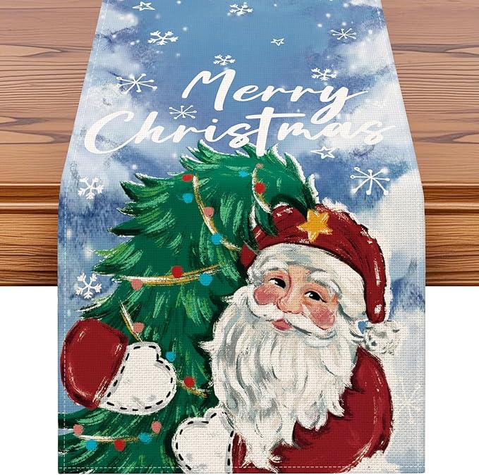 Santa Claus Christmas Table Runner - Merry Christmas Red Holiday Décor with Christmas Tree & Lights - Woven Linen Tapestry for Dining Room , 33x183