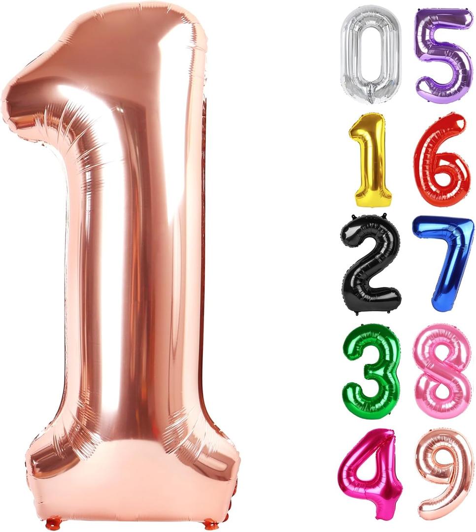 Rose Gold Number 1 Balloon 40 Inch, 1st Birthday Balloon for Baby Boy Girl Toddler First Birthday Decorations, Shiny Rose Gold Party Supplies