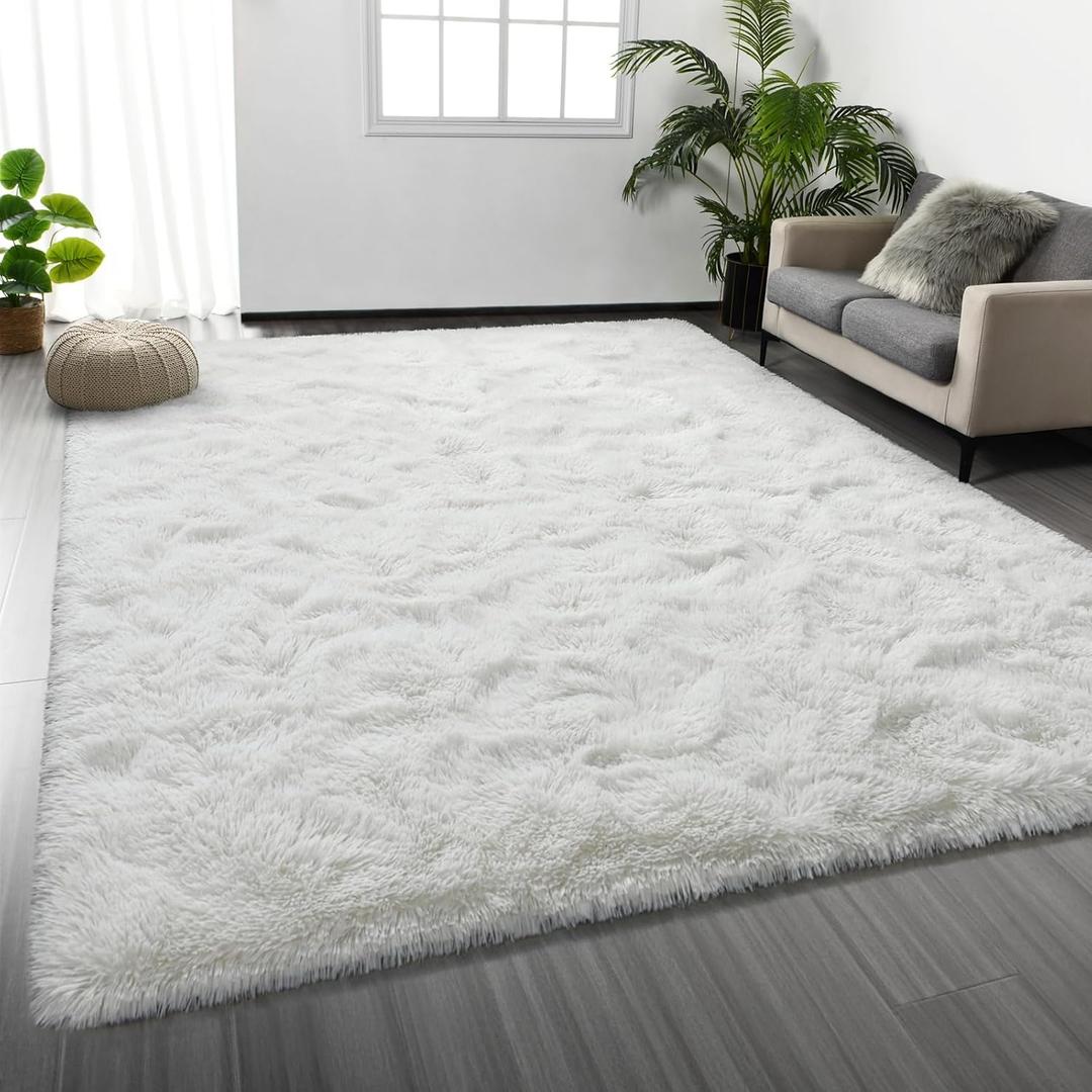Deerhoo Large Shag Area Rugs 8 x 10, Plush Fuzzy Rugs for Living Room, Ultra Soft Fluffy Furry Rug for Bedroom, Indoor Carpet Nursery Rugs for Kids Room Home Decor, White