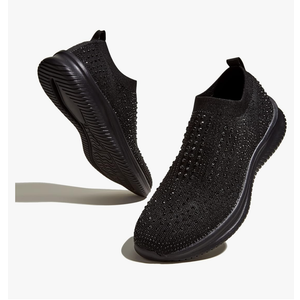 BELOS Women's Rhinestone Mesh Slip On Walking Shoes Fashion Breathable Spakle Glitter Sneakers 7 Black