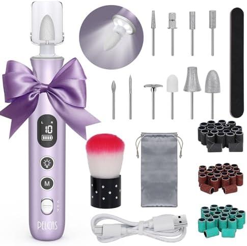 PELCAS Electric Nail Drills, 10 Speeds Cordless Nail File with LED Light, Portable Manicure & Pedicure Kit, Nail Grinder with LCD Screen for Human, Pet, Thick Toenails, Natural & Acrylic Nails Purple