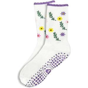 Women Floral Grip Socks Non Slip Cotton Crew Socks 1 Pair / 3 Pairs Soft Cute Flower Socks (US, Alpha, One Size, Regular, Regular, 1, White Purple Flowers