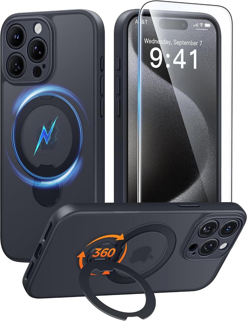 FNTCASE for iPhone 15 Pro-Max Case: [360 Spin Magnetic Stand] [Compatible with Magsafe] [Screen Protector] Translucent Matte Military Grade Shockproof Full Camera Protective Phone Cover - Black