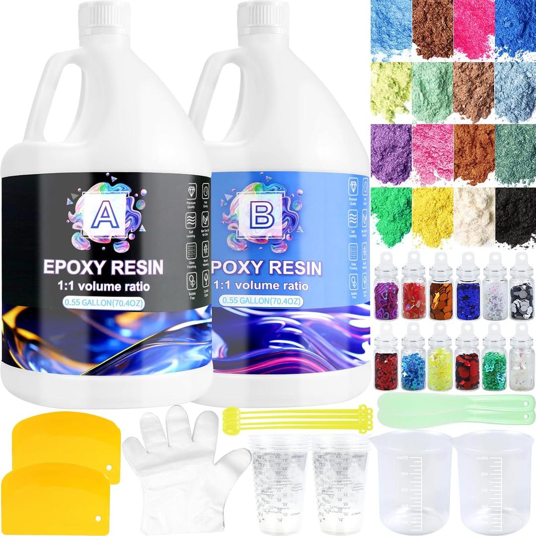Pmbqifay Epoxy Resin 2 Gallon Kit, Clear Resin Epoxy, Resin Kit - High-Gloss,No Bubbles, Not Yellowing, Self-Leveling Art Resin Casting Resin for DIY Art,Crafts,Jewelry,Table Top,Wood & Resin Molds