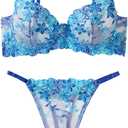 Lilosy Sexy Floral Embroidered Mesh Women Underwire Push Up Lingerie Set (Medium, Blue)