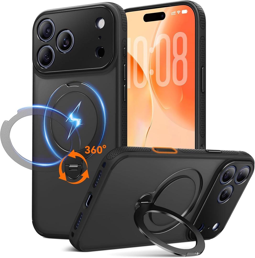 360 Spin Magnetic Stand for iPhone 17 Pro Max Case, Fit for MagSafe, All Around 4X Military-Grade Protection,Full Camera Protection,Anti-Slip Slim Phone Case for iPhone 17 Pro Max 6.9",Midnight Black