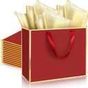 ReliThick 12 Pack Metallic Paper Gift Bag with Handles and Tissue Paper 11.8 x 10 x 4'' Thank You Favor Bag for Graduation Mother's Day Wedding Bridesmaid Groomsman 5 Senses Gifts (Burgundy Red,Gold)