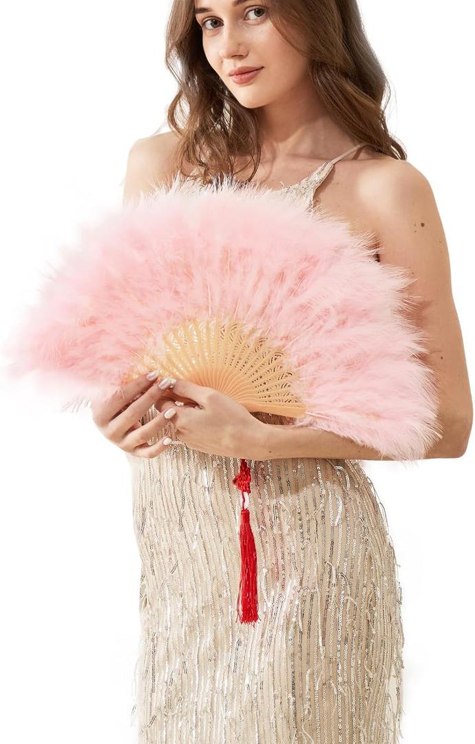 Happy Feather Handheld Marabou Feather Fan, 1920s Vintage Style Flapper Hand Fan for Costume Party and Dancing-Light Pink
