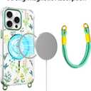 AIGOMARA Magnetic for iPhone 16 Pro Case [Compatible with MagSafe] Clear Floral Flower Pattern Phone Case with Wrist Strap Lanyard, Slim Shockproof Cover for Girls Women, Green