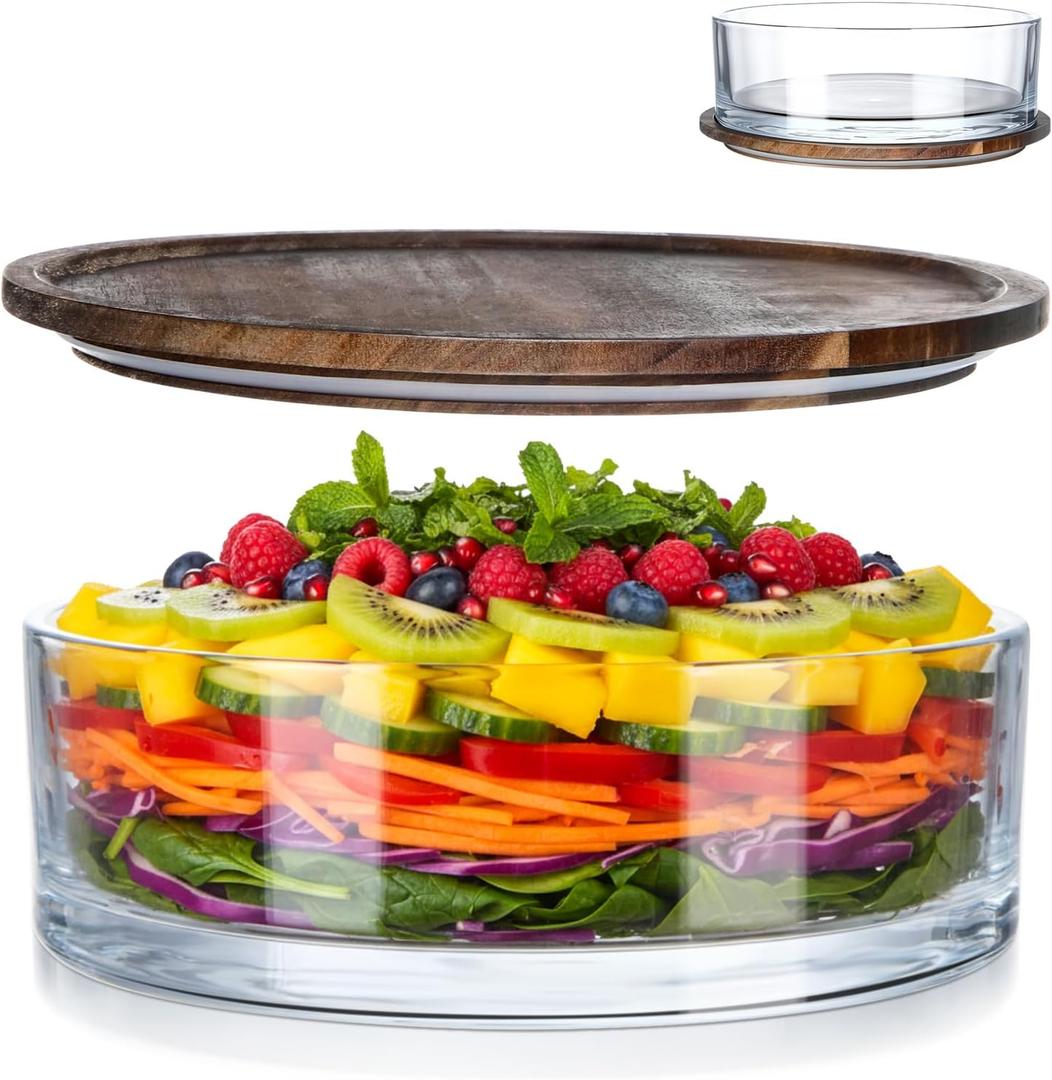 LemonRoad 9.6 Inch Large Salad Bowl with Acacia Wood Lid Glass Thick Salad Trifle Bowl Versatile Mixing and Serving Dish for Dessert Fruit Pasta Ice Cream Cake Baking Dishwasher Safe