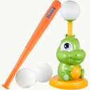 Pop-Up T-Ball Set, Green Dinosaur Tee with Bat and 3 Balls, Indoor Outdoor Baseball Training Toy for Kids Ages 3-8