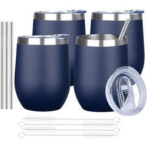 MEZMUT 12 Oz Insulated Wine Tumbler with Lid Double Wall Vacuum Stainless Steel Wine Glass Coffee Mug Insulated Tumbler Cup for Champaign, Cocktail, Beer (Navy, 4 Pack)