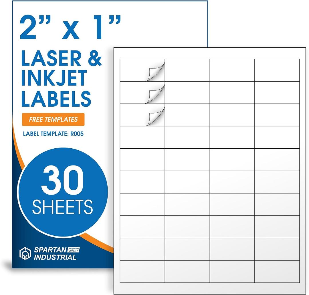2" X 1" Matte White Printable Address Labels (30 Sheets, 1200 Labels) Mailing Labels and Barcod Stickers for Laser & Inkjet Printers - Spartan Industrial Template R005