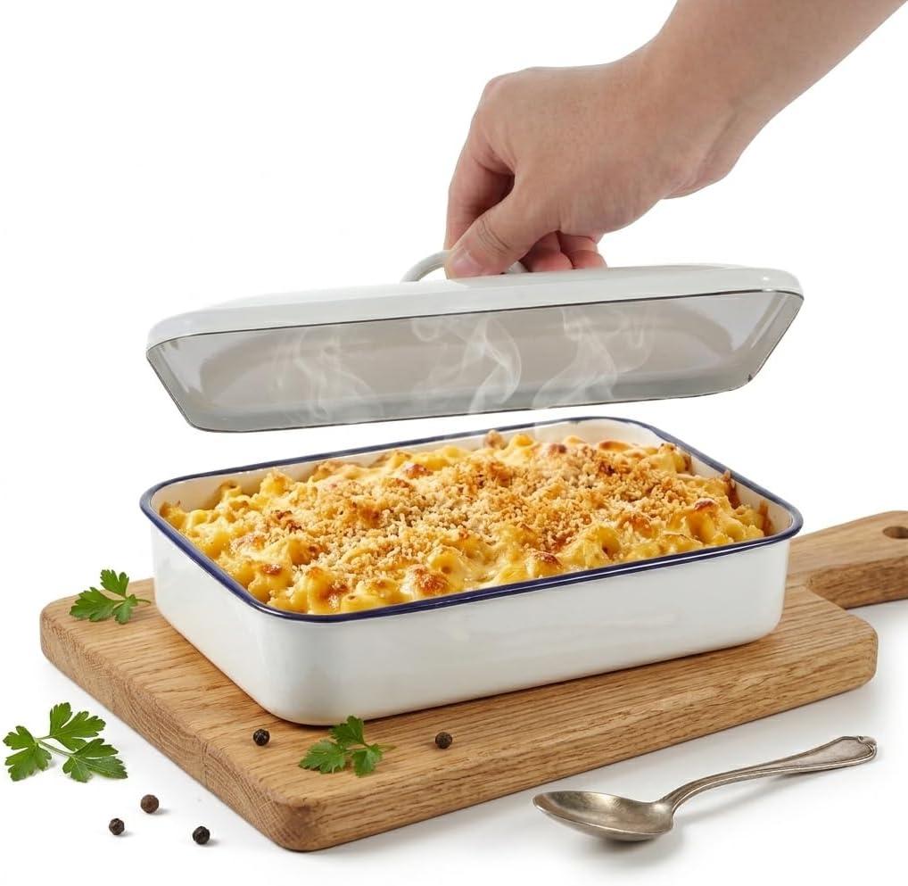 Unomor Enamel Baking Tray with Lid for Kitchen Oven White Roasting Pan for Casserole and Lasagna Vintage Deep Baking Dish 12.20x8.26x2.95in 2-Pack (31.00X21.00X7.50CM)
