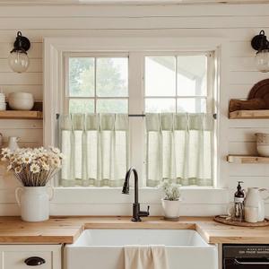 jinchan Linen Pinch Pleated Kitchen Curtains 24 Inch 2 Panels, Natural Linen Tier Curtains Back Tab Farmhouse Cafe, Light Filtering Small Window Drapes for Bathroom Laundry Room Oat