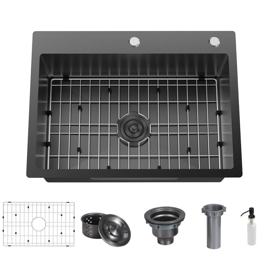 30 x 19 Inch Black Drop in Kitchen Sink, 304 Stainless Steel Single Bowl Sink, Topmount 9 Inch Deep Wet Bar sink for Kitchen Outdoor Prep RV Yard Laundry Utility with Dish Grid & Drain (Side is Bent)