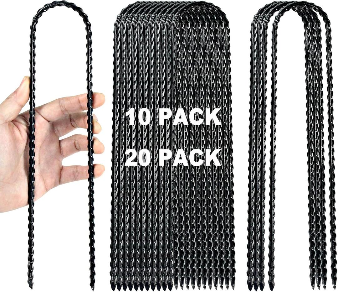 12 Inch Trampoline Wind Stakes Heavy Duty U Shaped Stakes for Ground, Trampoline Tie Down Anchor Kit for Swing Set, Camping Tents and Soccer Goal, Black Rebar Anchors (20)