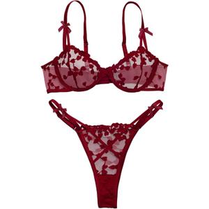 Lilosy Sexy Underwire Cute Push Up Strappy Embroidered Mesh Sheer Lingerie Set See Through Panty Bra (XL)